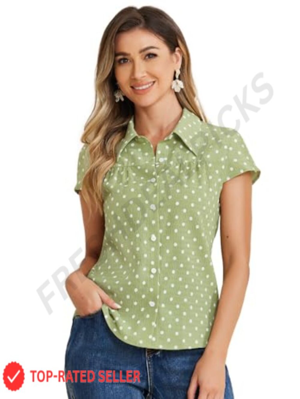 Vintage Polka Dots Short Sleeve Button Up Blouse